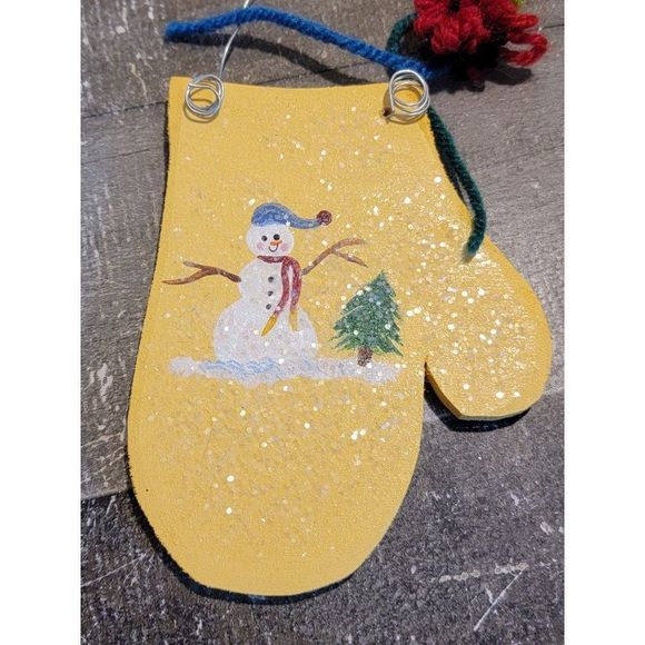 Yellow Mitten snowman tree glitter ornament Xmas decor - Picture 2 of 3